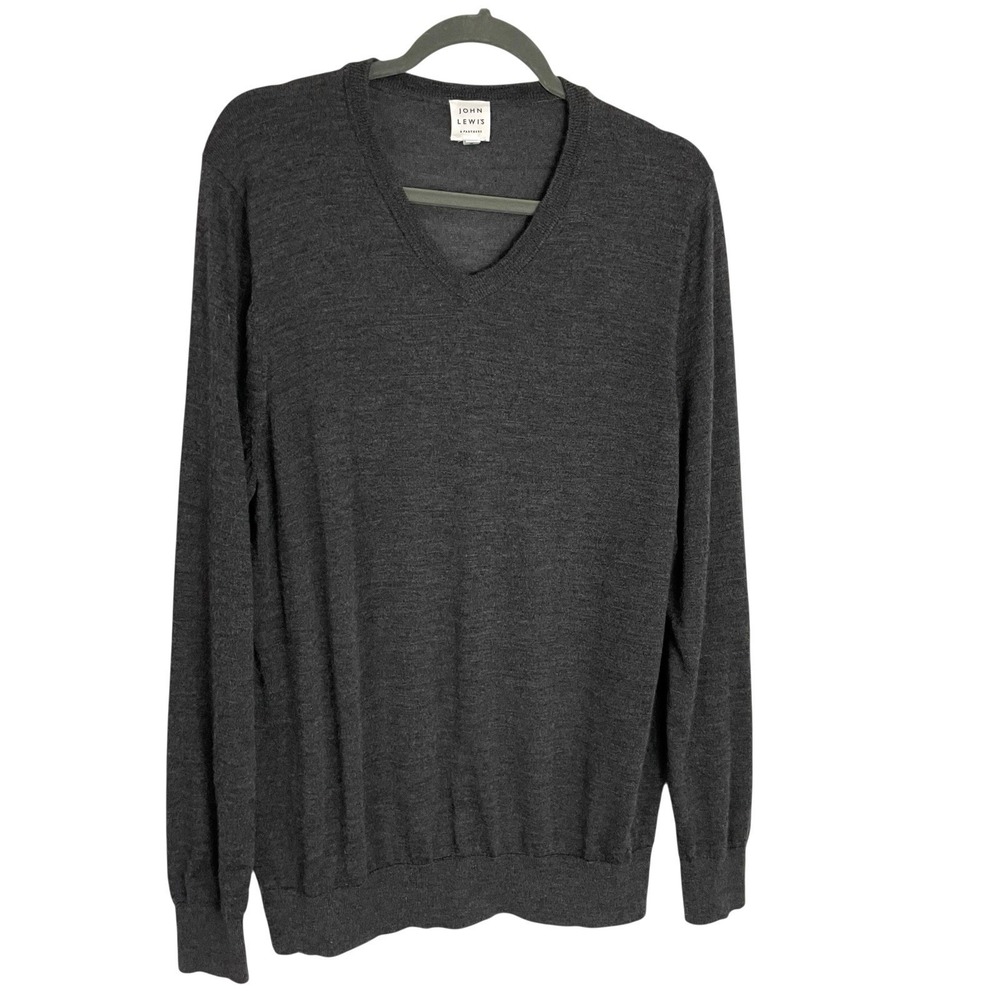 John Lewis Mens 100% Merino Wool Sweater Size XL Charcoal V-Neck Office Classic - Picture 2 of 7
